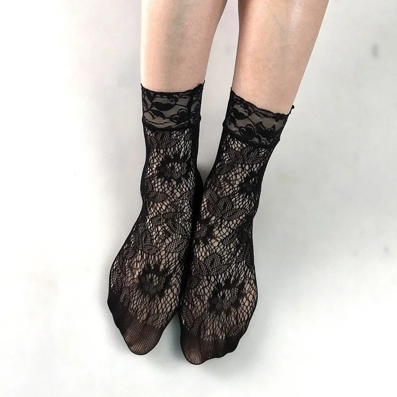 5 Pairs Sexy Lace Fishnet Ankle Socks for Women Ultra Thin Breathable Mesh Hosiery - Style A