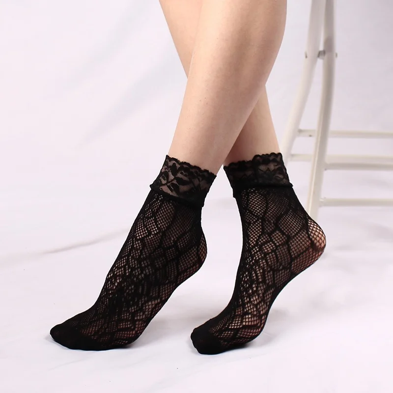 5 Pairs Sexy Lace Fishnet Ankle Socks for Women Ultra Thin Breathable Mesh Hosiery - Style A