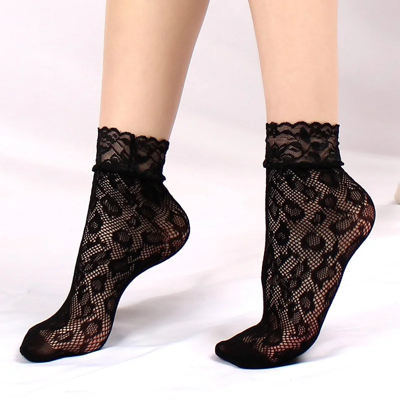 5 Pairs Sexy Lace Fishnet Ankle Socks for Women Ultra Thin Breathable Mesh Hosiery - Style A