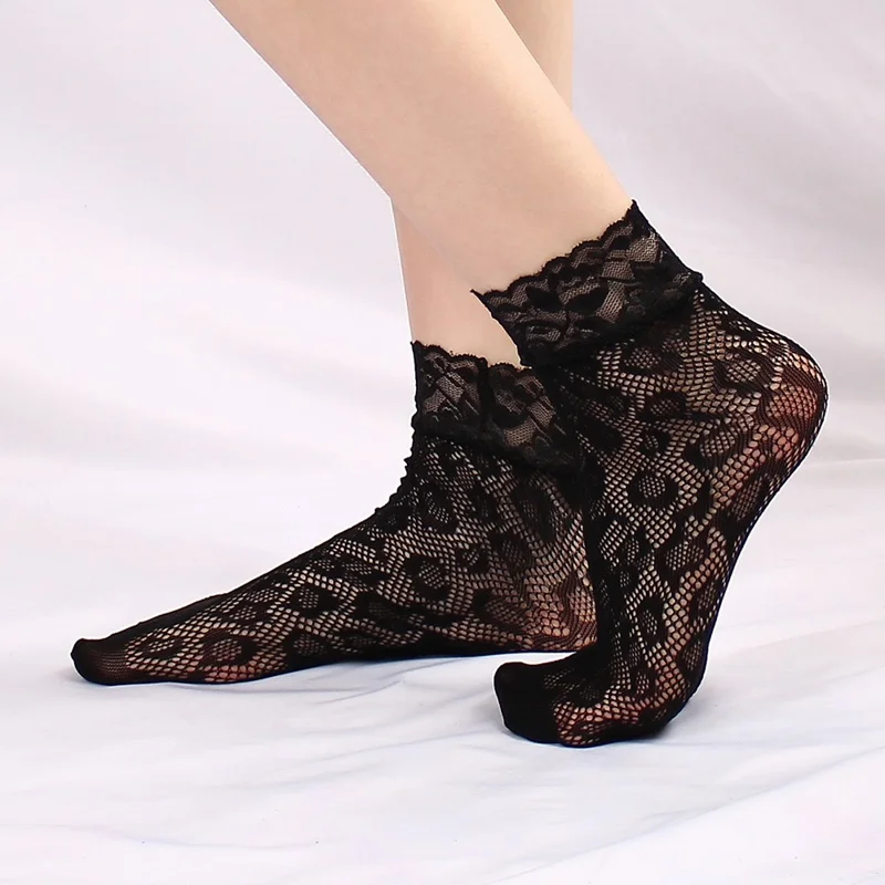 5 Pairs Sexy Lace Fishnet Ankle Socks for Women Ultra Thin Breathable Mesh Hosiery - Style A