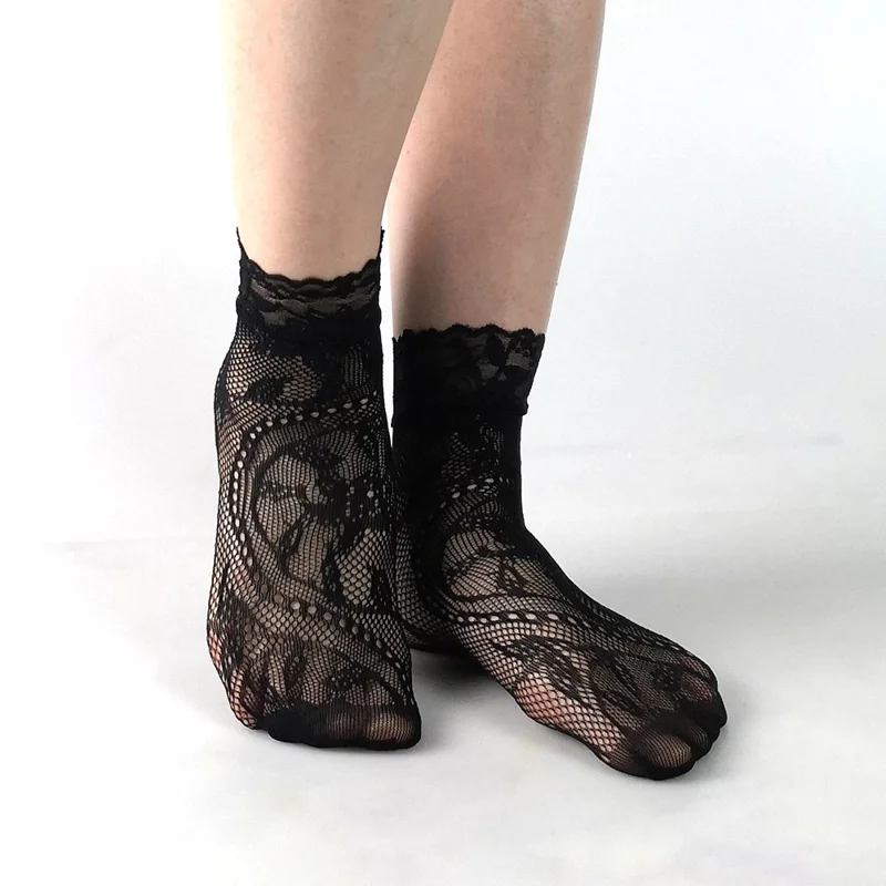 5 Pairs Sexy Lace Fishnet Ankle Socks for Women Ultra Thin Breathable Mesh Hosiery - Style A