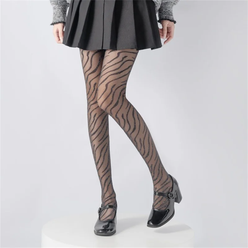 Calze Donna a Righe di Zebra con Filo Argentato, Collant Elasticizzati con Jacquard, Calzature Elastiche