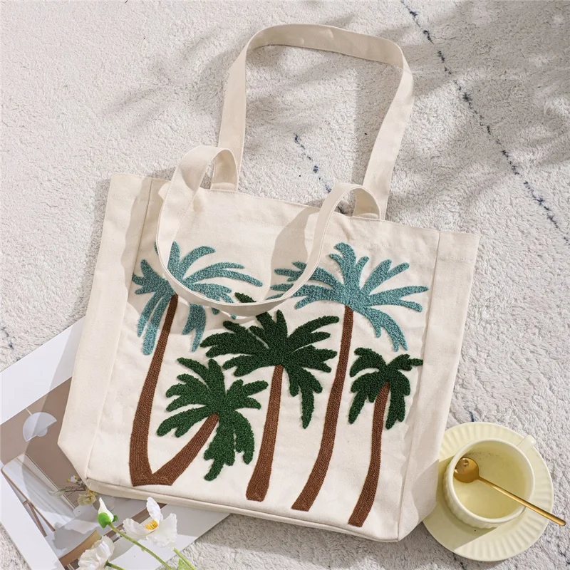 Sommer-Ozean-Canvas-Tasche mit Stickerei, Umhängetasche, tropische Strandhandtasche - Kokosnuss