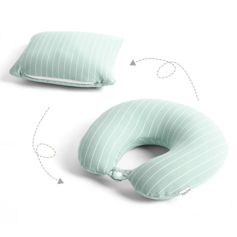 Cuscino da viaggio 2 in 1 deformabile a forma di U per ufficio, riposino, viaggio, cuscino portatile trasformabile con design a righe - Verde chiaro