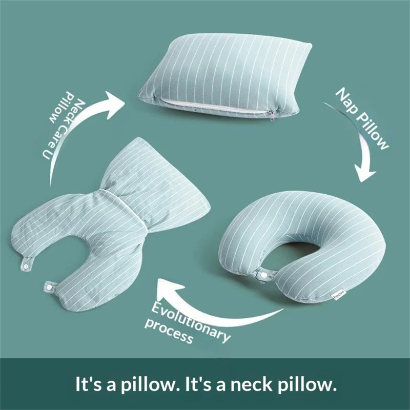 Cuscino da viaggio 2 in 1 deformabile a forma di U per ufficio, riposino, viaggio, cuscino portatile trasformabile con design a righe - Verde chiaro