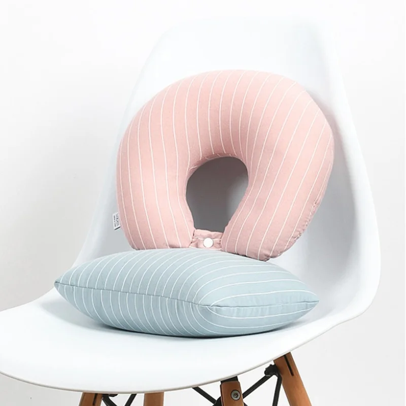 Cuscino da viaggio 2 in 1 deformabile a forma di U per ufficio, riposino, viaggio, cuscino portatile trasformabile con design a righe - Verde chiaro