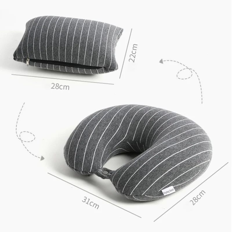 Cuscino da viaggio 2 in 1 deformabile a forma di U per ufficio, riposino, viaggio, cuscino portatile trasformabile con design a righe - Verde chiaro