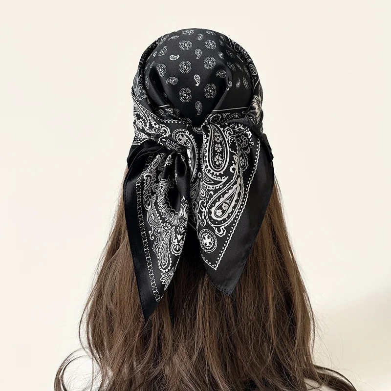 Women Summer Paisley Print Silk Scarf Multi-Purpose Square Scarf Lightweight Breathable Head Wrap - L7386  /  Black