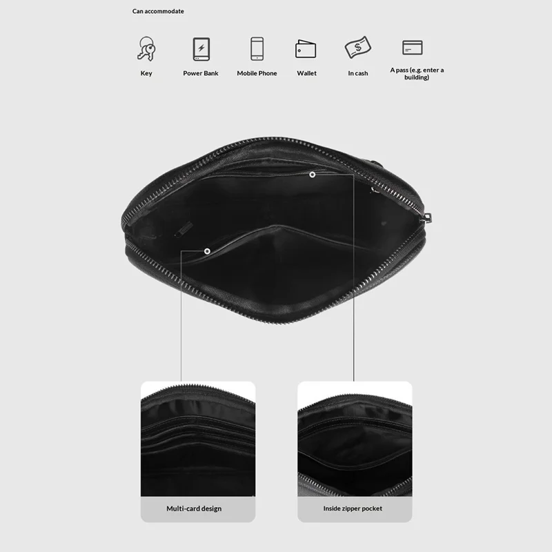 Inteligentna torebka zabezpieczona odciskiem palca, przenośny organizer z blokadą biometryczną - Czarny