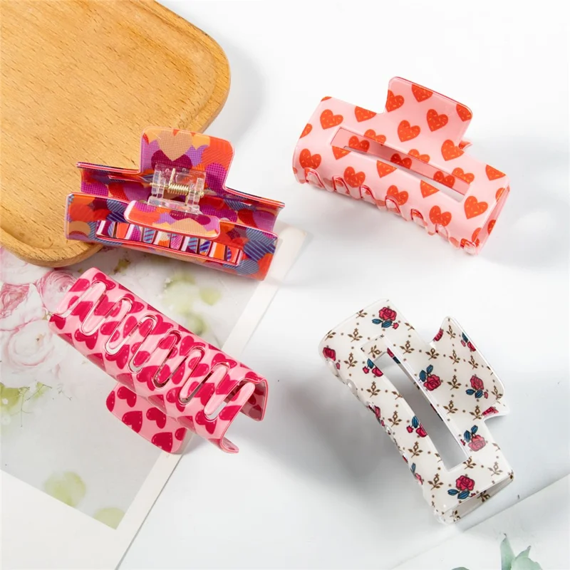 Rose Heart Hair Claw Clips Rektangulära Håraccessoarer Ljuv Romantik Florerande Mönster Vår Grepp - A20-4-15