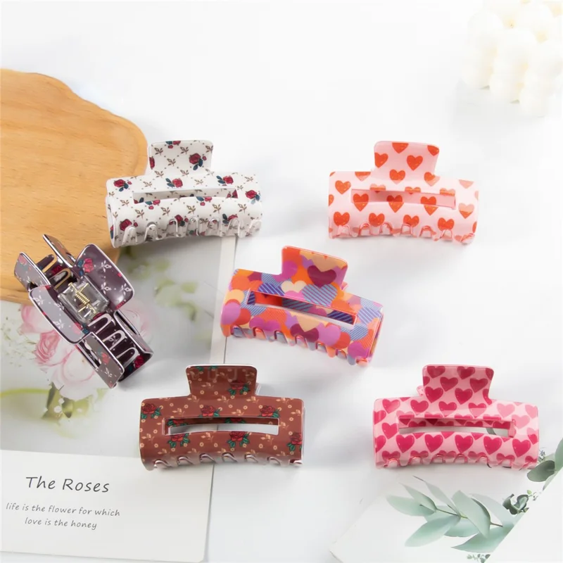Rose Heart Hair Claw Clips Rektangulära Håraccessoarer Ljuv Romantik Florerande Mönster Vår Grepp - A20-4-15