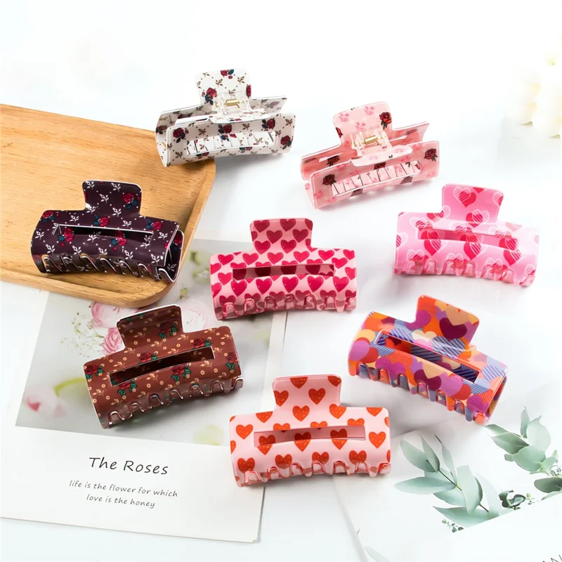 Rose Heart Hair Claw Clips Rektangulära Håraccessoarer Ljuv Romantik Florerande Mönster Vår Grepp - A20-4-15