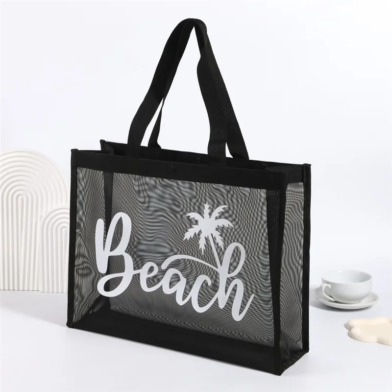 Borsa da spiaggia in nylon 45 x 35 x 15 cm, borsa a rete pieghevole leggera per la spesa, custodia per riporre - Nera