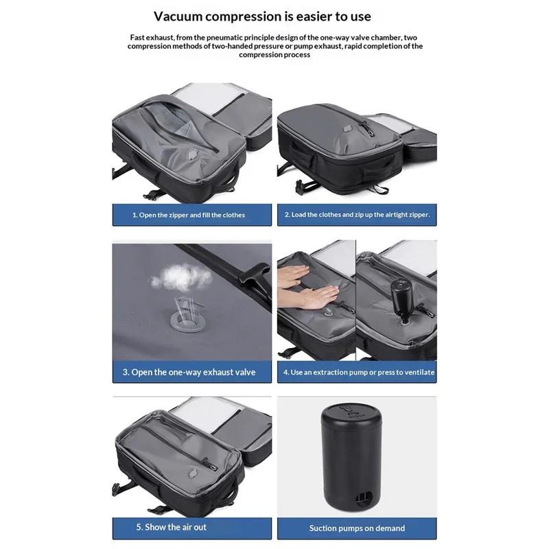 Vakuumkompressions-Rucksack mit TSA-Schloss, wasserdichter Oxford-Tuch-Reise- und Laptop-Shoulderbag mit Luftpumpe - K03