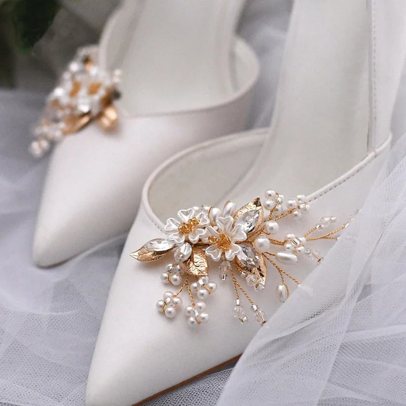 2 PCS Bridal Shoe Clips Wedding Removable Flower Accessories DIY Pearl Rhinestones Decorative Clips