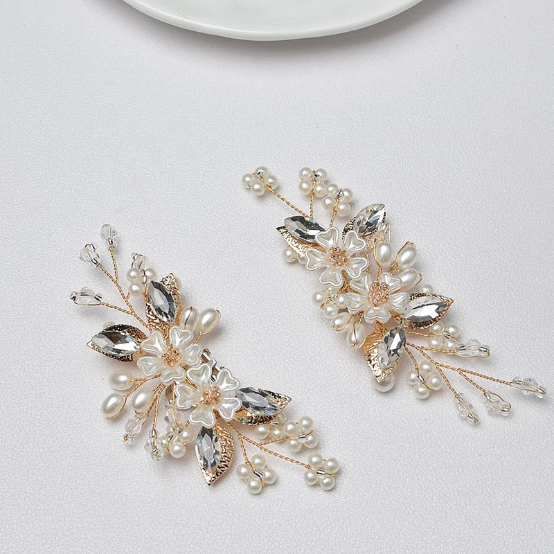 2 PCS Bridal Shoe Clips Wedding Removable Flower Accessories DIY Pearl Rhinestones Decorative Clips