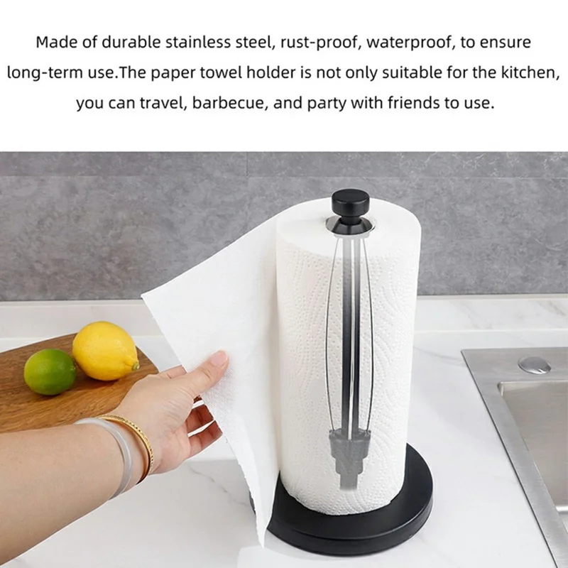 Support de Rouleau de Papier Essuie-Tout en Acier Inoxydable pour Comptoir de Cuisine avec Amortisseur - Noir