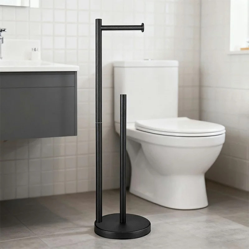 Stainless Steel Toilet Paper Holder Bathroom Floor Standing Suction Cup Toilet Stand - Black