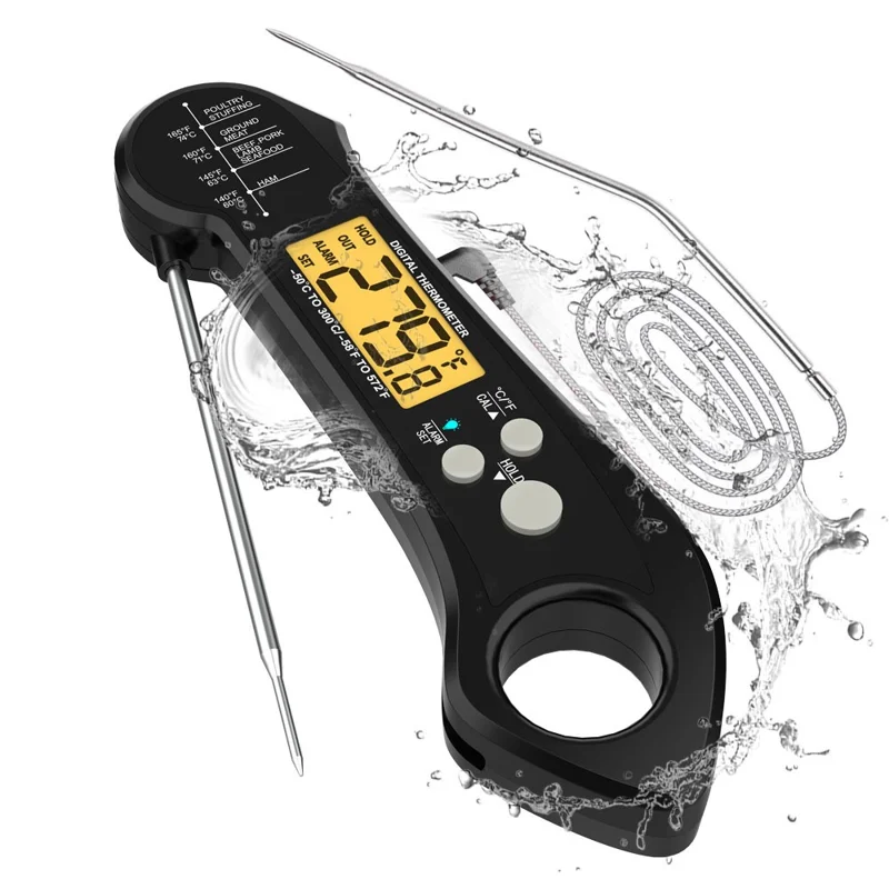 Wasserdichtes BBQ-Thermometer, klappbarer Fühler, elektronisches Küchenthermometer mit 1 m externem Fühler – Schwarz