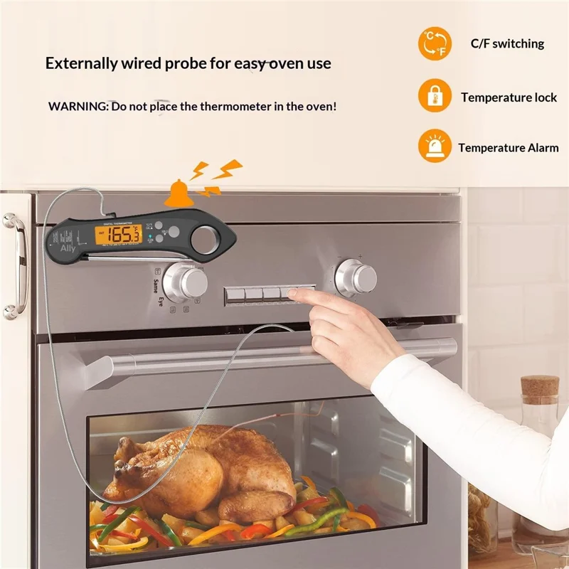 Wasserdichtes BBQ-Thermometer, klappbarer Fühler, elektronisches Küchenthermometer mit 1 m externem Fühler – Schwarz