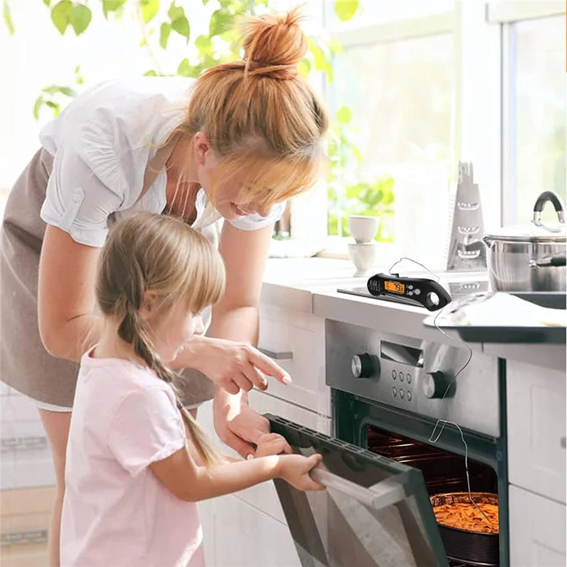 Wasserdichtes BBQ-Thermometer, klappbarer Fühler, elektronisches Küchenthermometer mit 1 m externem Fühler – Schwarz