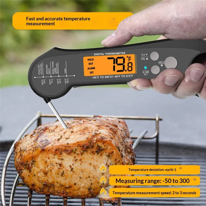 Wasserdichtes BBQ-Thermometer, klappbarer Fühler, elektronisches Küchenthermometer mit 1 m externem Fühler – Schwarz
