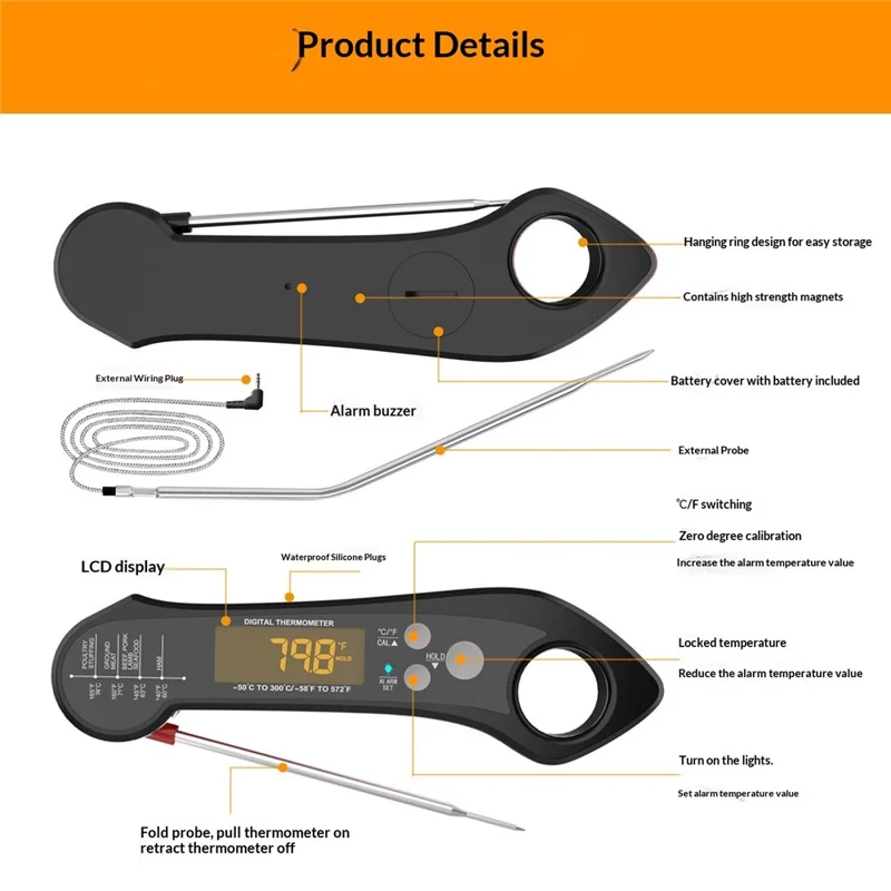 Wasserdichtes BBQ-Thermometer, klappbarer Fühler, elektronisches Küchenthermometer mit 1 m externem Fühler – Schwarz