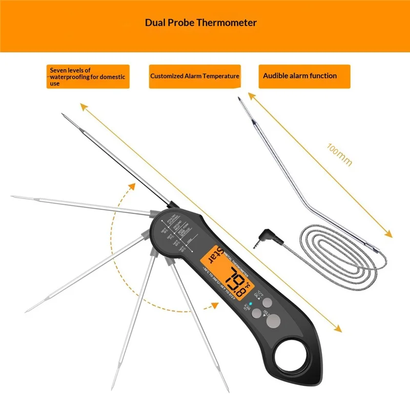 Wasserdichtes BBQ-Thermometer, klappbarer Fühler, elektronisches Küchenthermometer mit 1 m externem Fühler – Schwarz