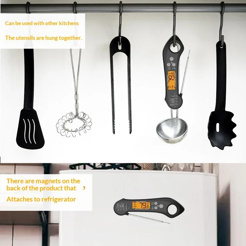 Wasserdichtes BBQ-Thermometer, klappbarer Fühler, elektronisches Küchenthermometer mit 1 m externem Fühler – Schwarz