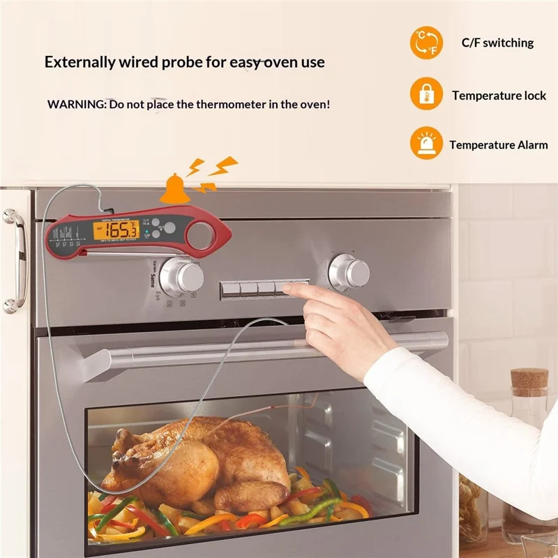 Küchen-Elektronik-Thermometer mit faltbarem Fühler, wasserdichtes Thermometer mit 1 m externem Fühler - Rot