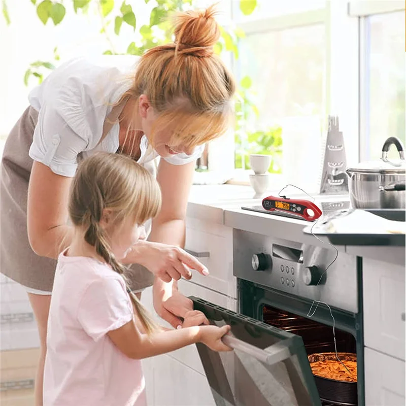 Küchen-Elektronik-Thermometer mit faltbarem Fühler, wasserdichtes Thermometer mit 1 m externem Fühler - Rot