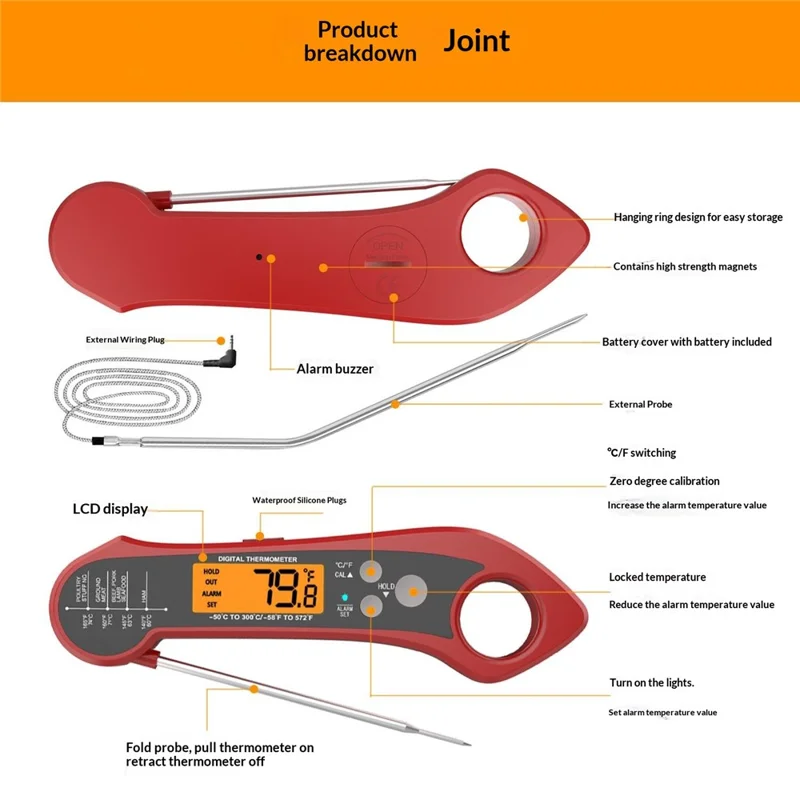Küchen-Elektronik-Thermometer mit faltbarem Fühler, wasserdichtes Thermometer mit 1 m externem Fühler - Rot