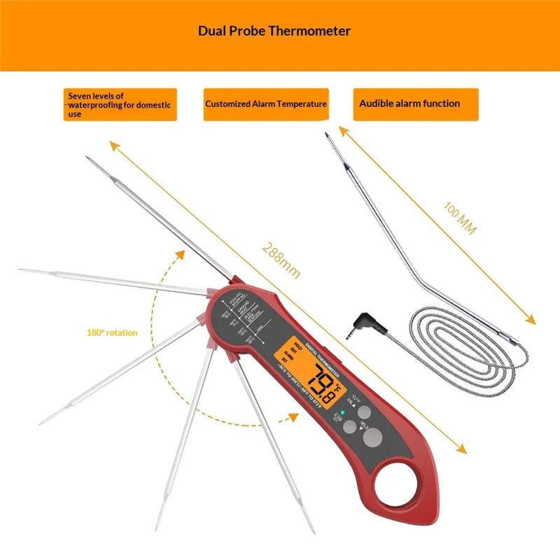 Küchen-Elektronik-Thermometer mit faltbarem Fühler, wasserdichtes Thermometer mit 1 m externem Fühler - Rot