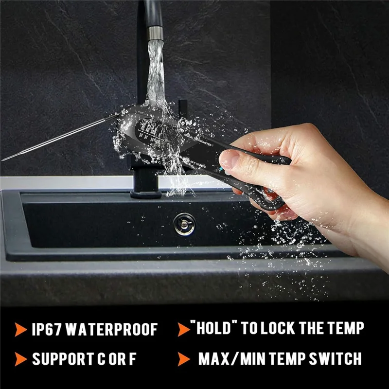 Termometro Elettronico da Cucina per Alimenti con Sonda Pieghevole, Termometro Digitale Impermeabile per Cottura BBQ - Nero