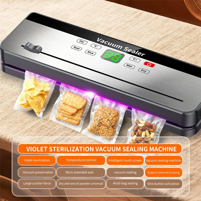 828 Перезаряжаемый вакуумный упаковщик для кухни, запечатыватель для продуктов с 10 текстурированными пакетами (английская версия) — тёмно-серый