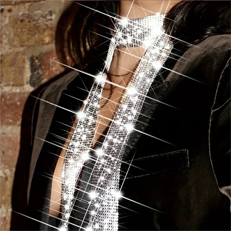 Women Glitter Sequins Embellished Neck Tie Long Scarf for Evening Party Neckerchief - Silver