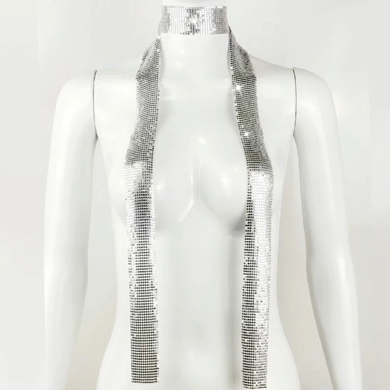 Women Glitter Sequins Embellished Neck Tie Long Scarf for Evening Party Neckerchief - Silver