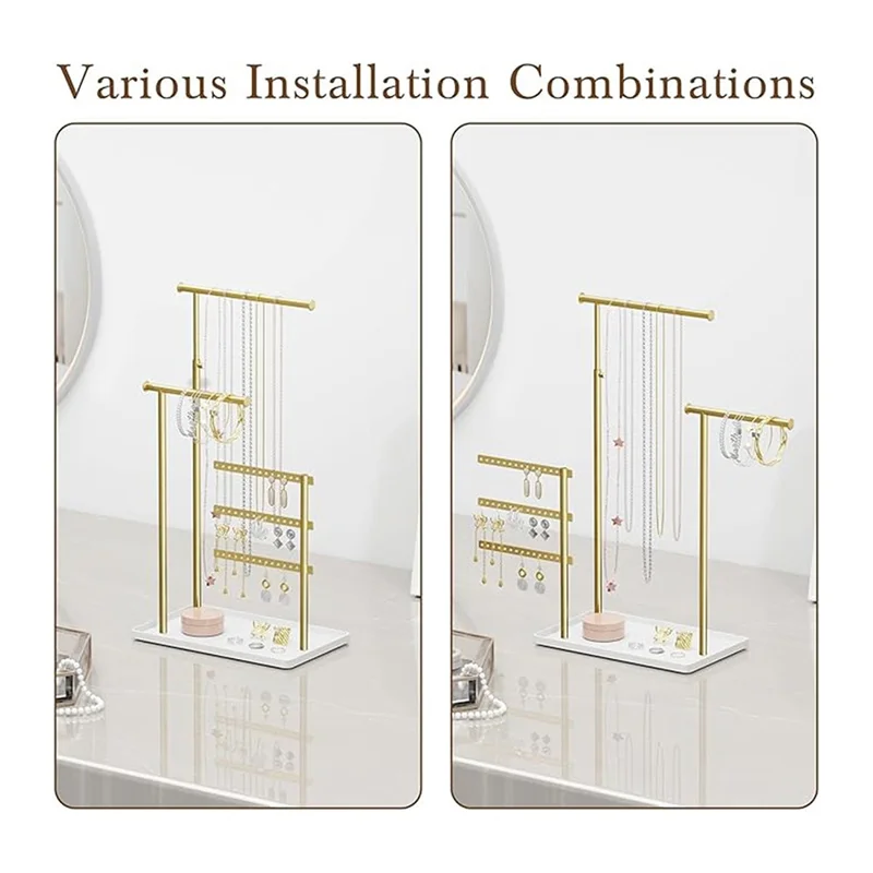 Nordic Jewelry Display Stand Metal Organizer Tray Multi Layer Storage Rack for Ring Earring Necklace - Gold