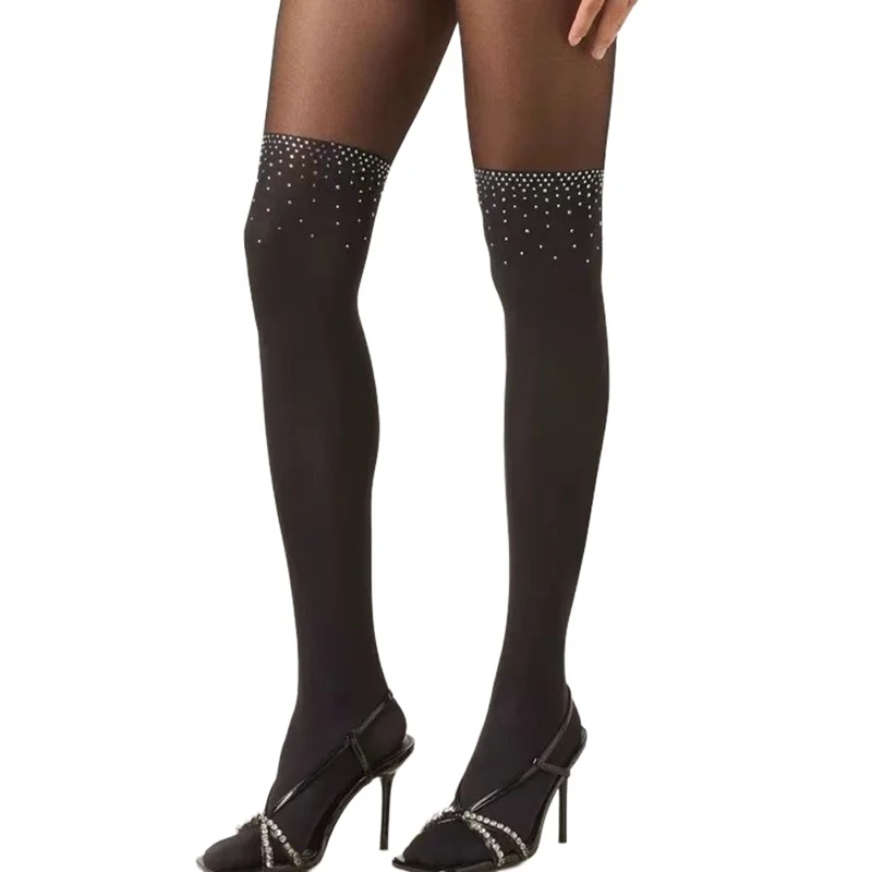 Sexy Patchwork Hot Fix Rhinestones Tights for Women High Elasticity Footed Pantyhose