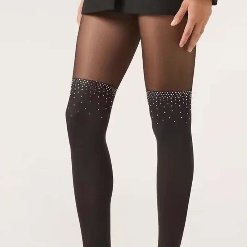 Sexy Patchwork Hot Fix Rhinestones Tights for Women High Elasticity Footed Pantyhose