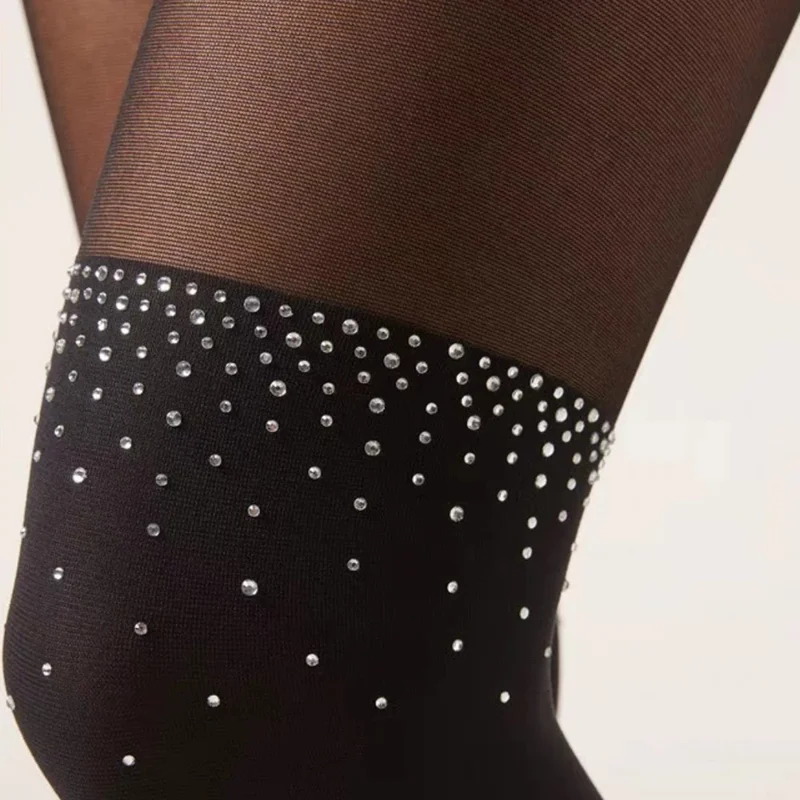 Sexy Patchwork Hot Fix Rhinestones Tights for Women High Elasticity Footed Pantyhose