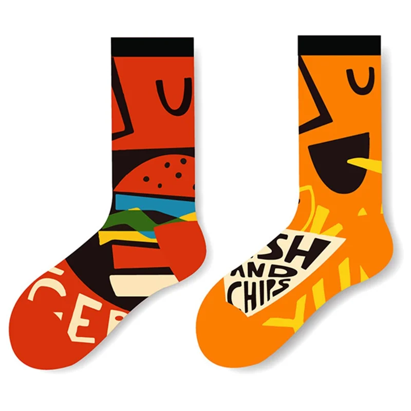 Funny Hamburger  /  Beer Pattern Crew Socks Cotton Blend Elastic Mild Calf Socks for Autumn Winter - 1117