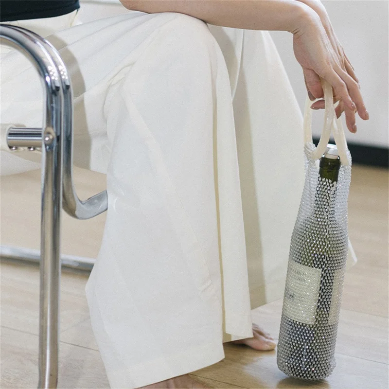 Rhinestones Wine Bottle Carrier Bag Handwoven Luxury Insulated Bottle Bag Czech Crystal Gift Packaging - White