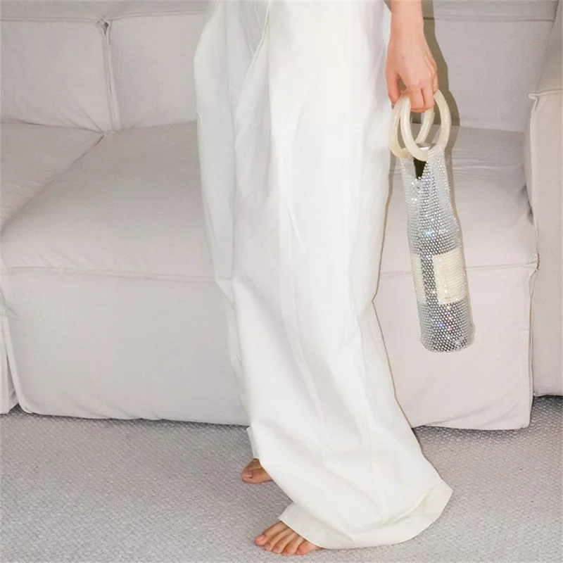 Rhinestones Wine Bottle Carrier Bag Handwoven Luxury Insulated Bottle Bag Czech Crystal Gift Packaging - White