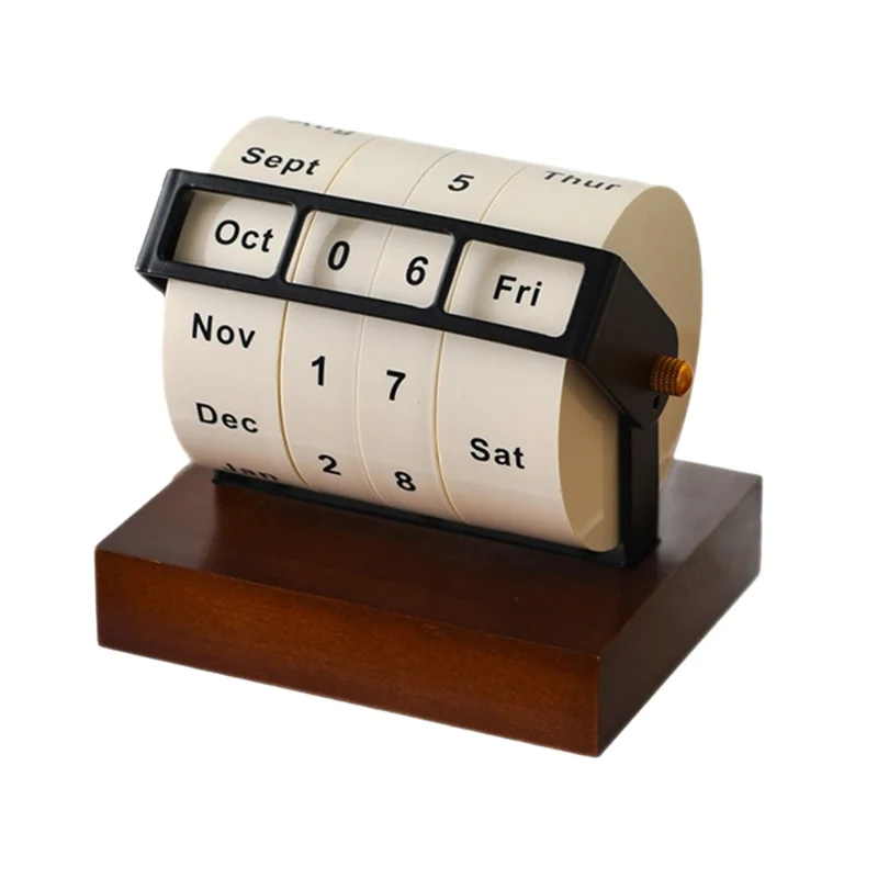 Calendário de Secretária Rolante, Calendário Perpétuo com Base em Madeira e Estrutura em Metal, Exibição em Inglês, Acabamento Castanho