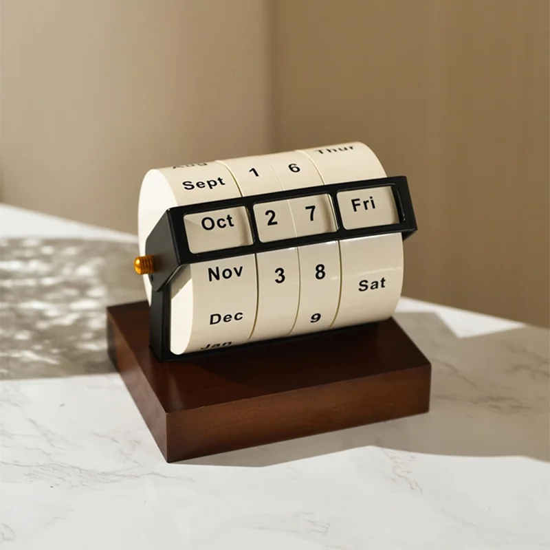 Calendário de Secretária Rolante, Calendário Perpétuo com Base em Madeira e Estrutura em Metal, Exibição em Inglês, Acabamento Castanho