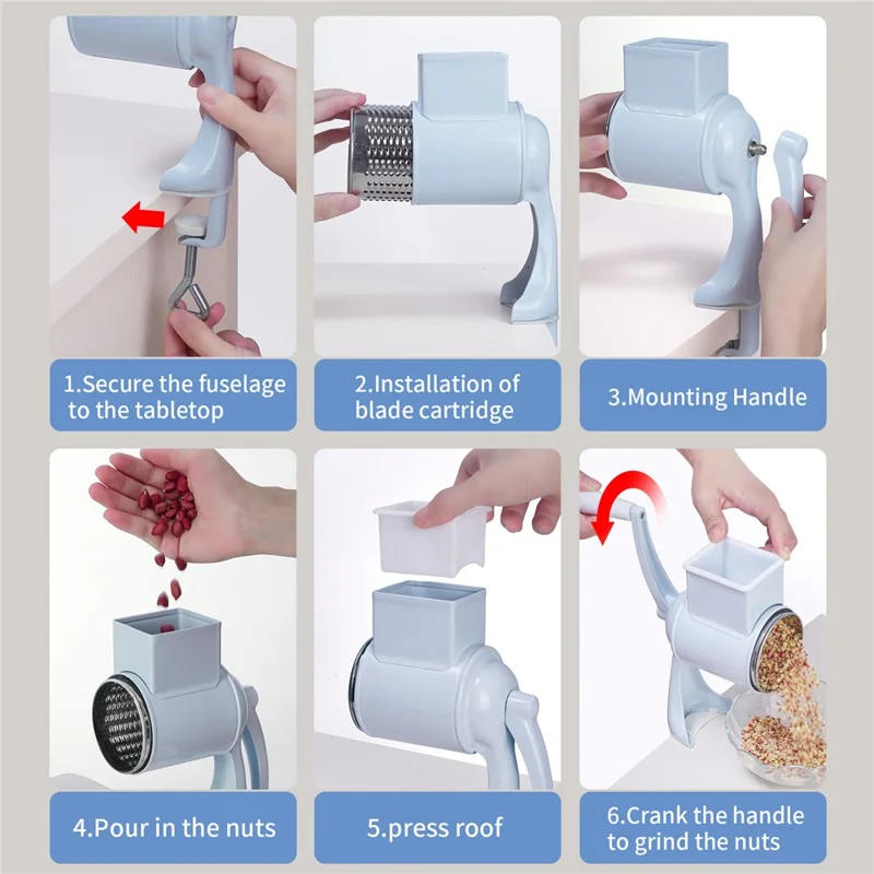 Macinaalimenti Manuale a Manovella Multifunzione, Tritacarne Manuale, Tritanoci, Grattugia per Formaggio con 5 Lame (Certificato FDA) - Bianco