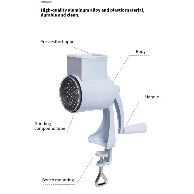 Macinaalimenti Manuale a Manovella Multifunzione, Tritacarne Manuale, Tritanoci, Grattugia per Formaggio con 5 Lame (Certificato FDA) - Bianco