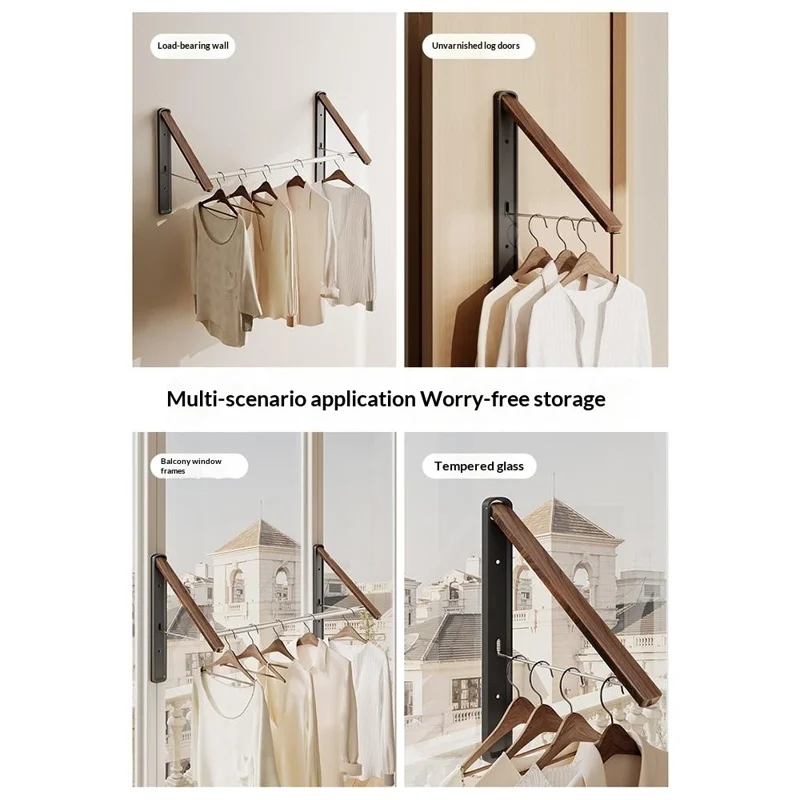 2PCS Foldable Clothes Drying Rack Space Aluminum Hanging Rail Laundry Rack Clothes Hanger for Balcony - Black