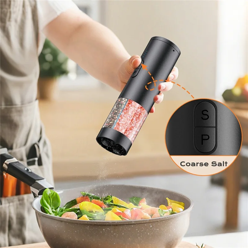 Molinillo Eléctrico de Sal y Pimienta 2 en 1, Molinillo Doble Cámara para Cocina y Cocina - Negro